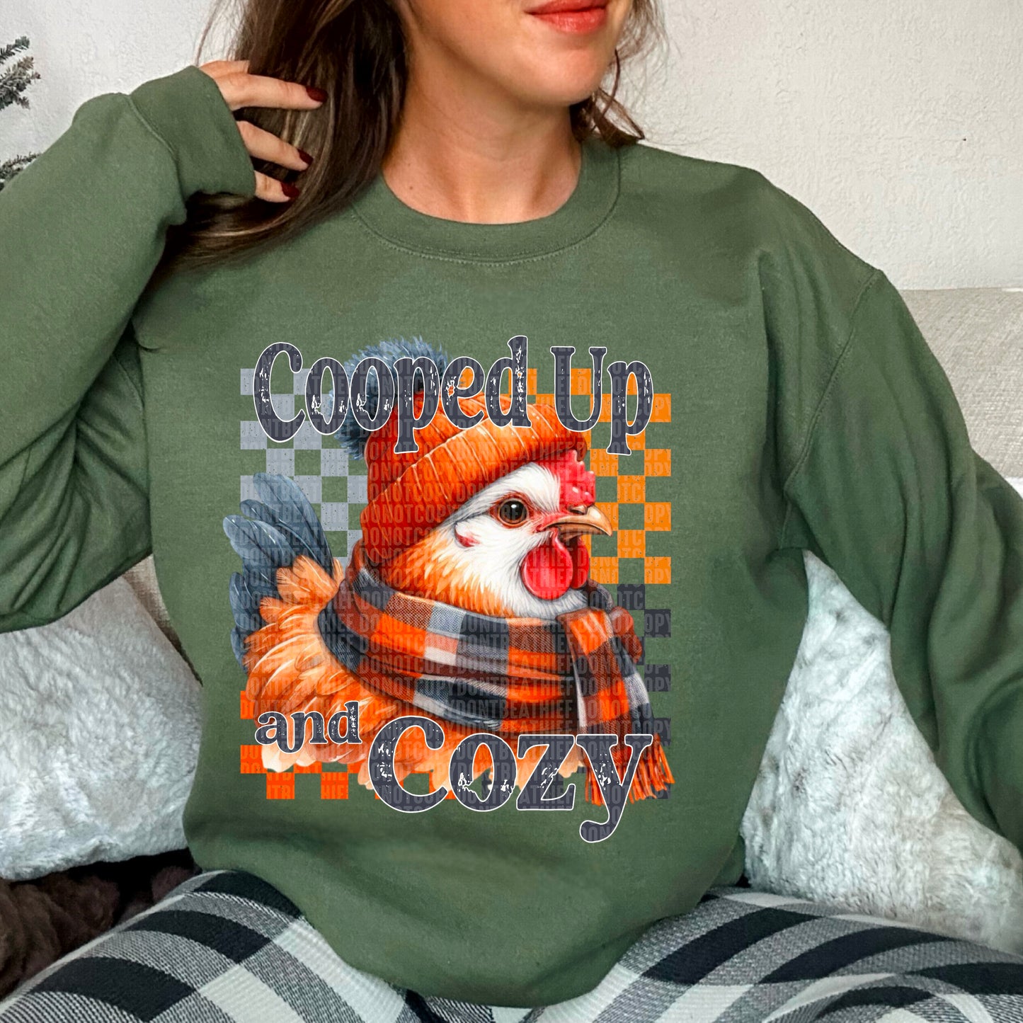 Cooped Up & Cozy Chicken - Direct To Film Transfer